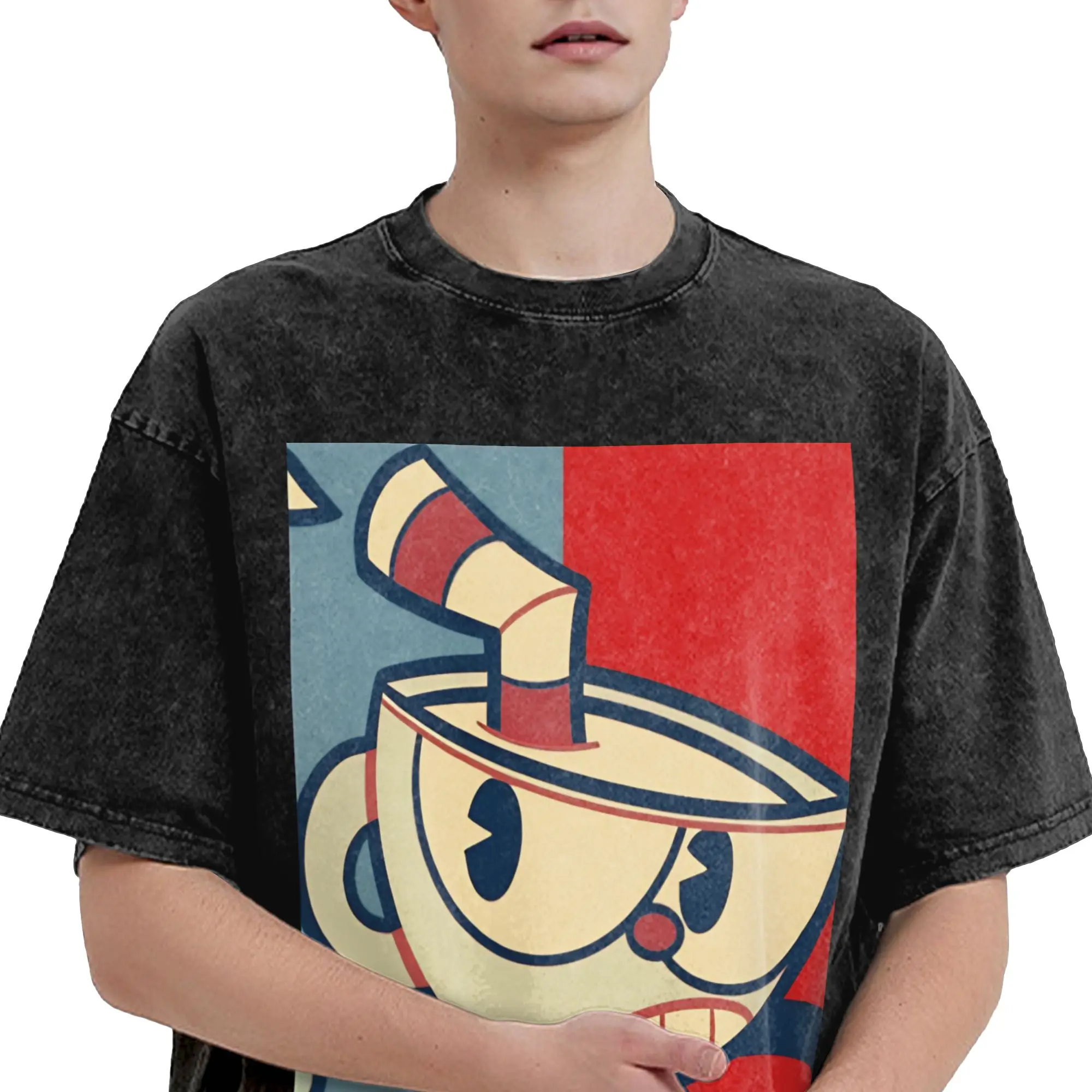 Cuphead and Mugman cup mug Outfit Washed T Shirt for Men Women Streetwear Hip Hop T-Shirt Printed  Tee Shirt Short Sleeve