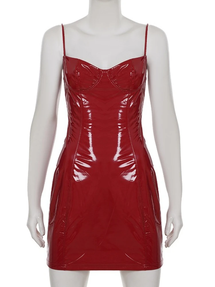 SsTss セクシーな光沢のあるフェイクレザーのスパゲッティストラップドレス、女性用、レッド、ノースリーブ、ハイウエスト、スリム、ボディコン、ミニドレス、ナイトクラブ向け