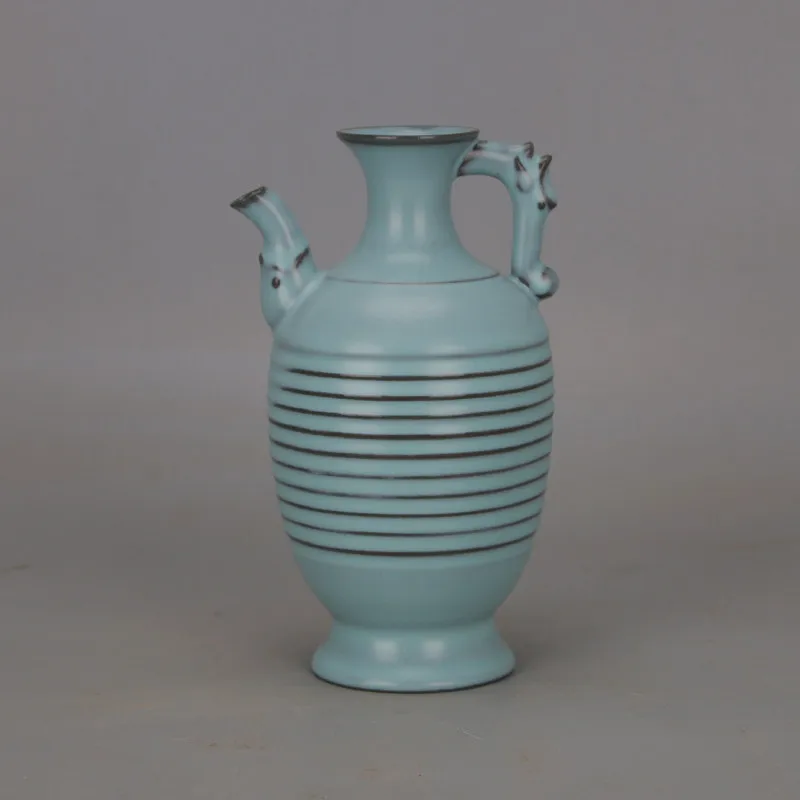 Vintage Style Chinese Ru Ware Blue Glaze Dragon Handle Pot Spur Marks Carved Pattern Handmade Ceramic Home Decor