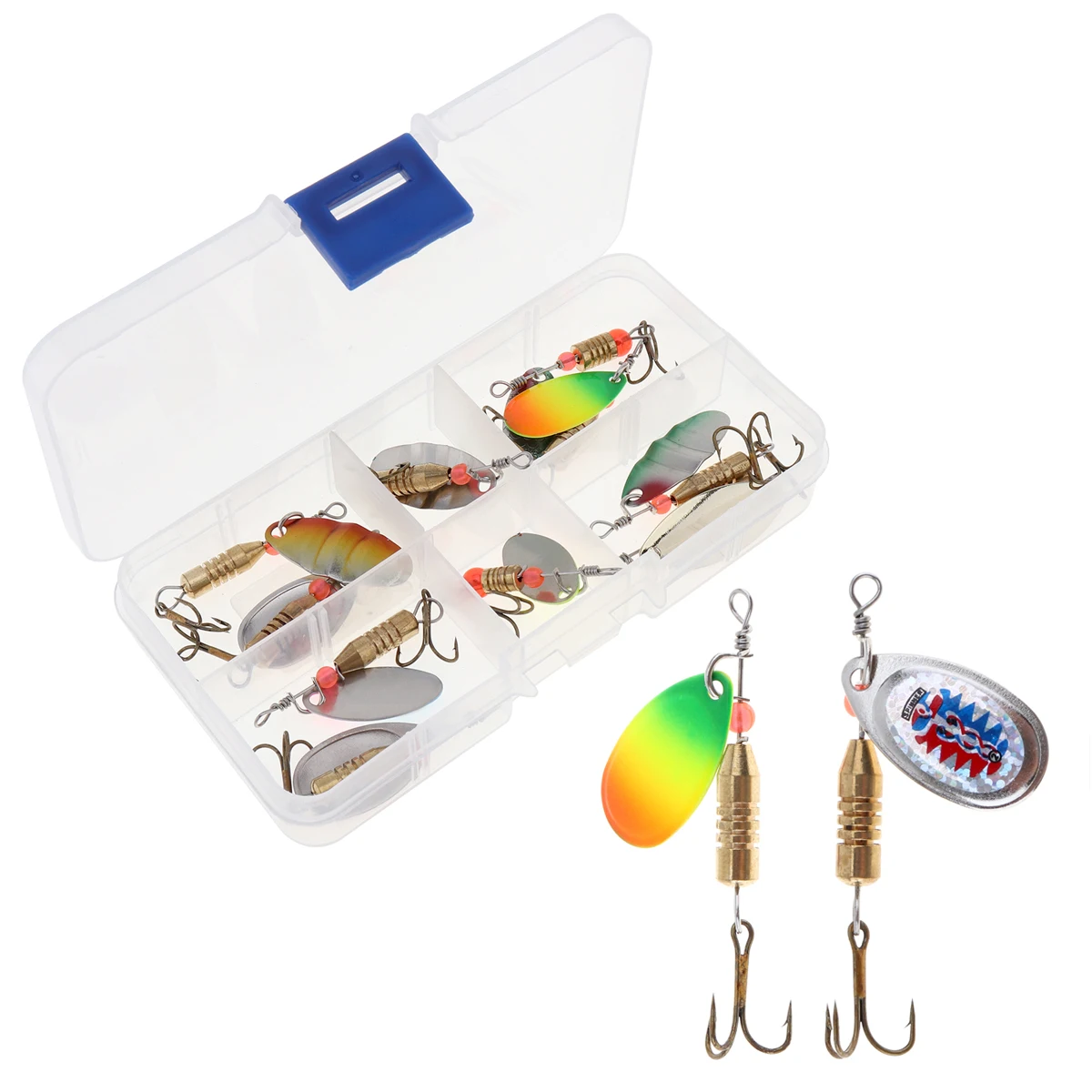 11pcs/lot 360 ° rotating Bronze Three Hooks Colorful Pattern Metal Spoon Fishing Lures Spinner Bait with Box