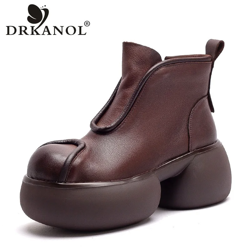 DRKANOL Women Chunky Platform Boots 2026 Autumn Winter Luxury Genuine Leather Thick High Heel Height Increasing Warm Ankle Boots
