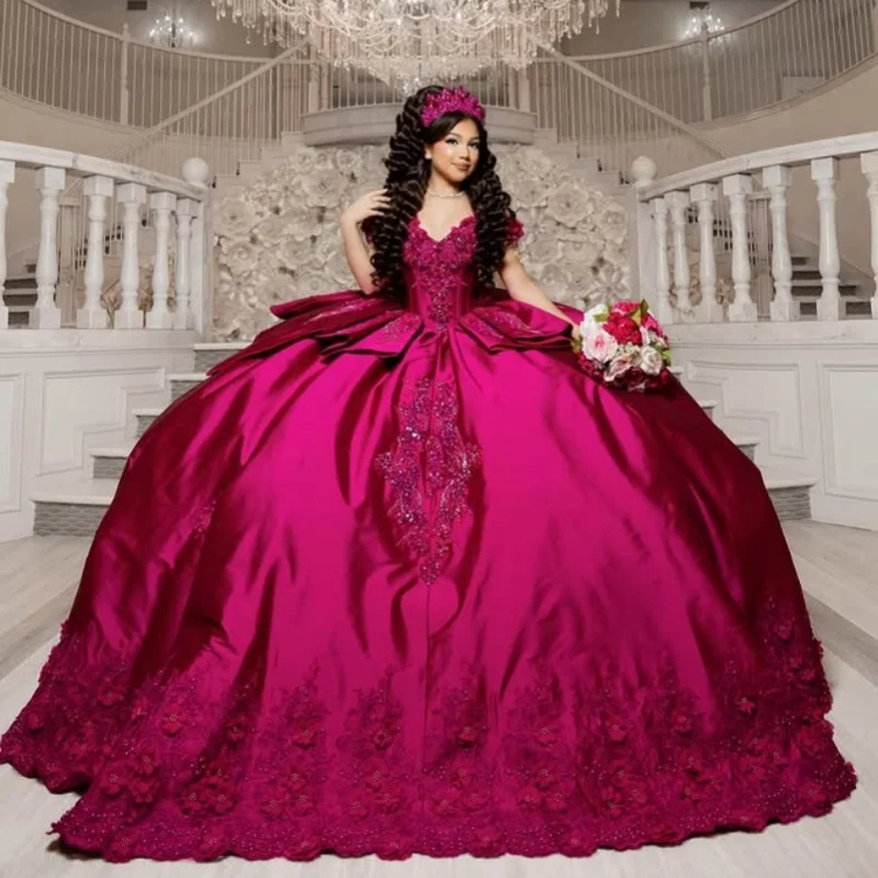 

Розово-розовое платье Quinceanera с открытыми плечами, блестящие 3D кристаллические цветы, кристаллическая наклейка, тюлевые платья de 15, Quinceanera ﻿ Индивидуальный