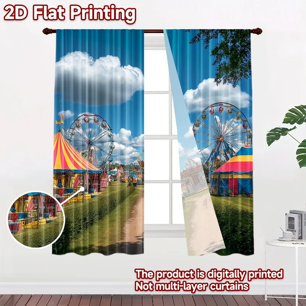 2D flat printing 2pcs Scene Curtain Carnival Ferris Wheel Fun Sky Digital Printed Polyester Drapes Birthday Party Perfect for