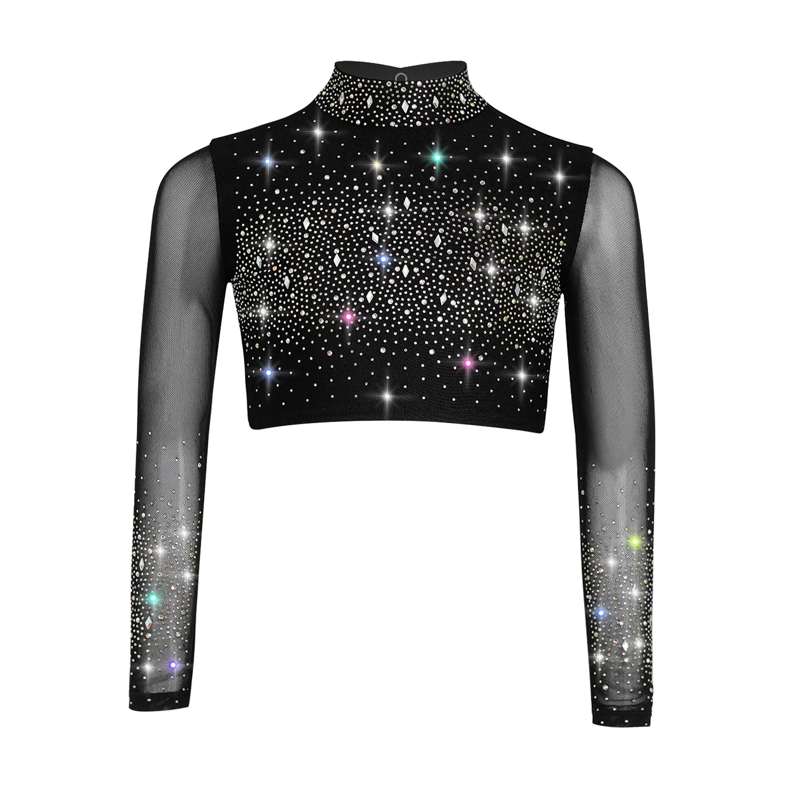 

Kids Girls Lyrical Figure Skating Performance Costume Shirts Ballet Dancewear Sheer Mesh Long Sleeve Shiny Rhinestones Crop Top