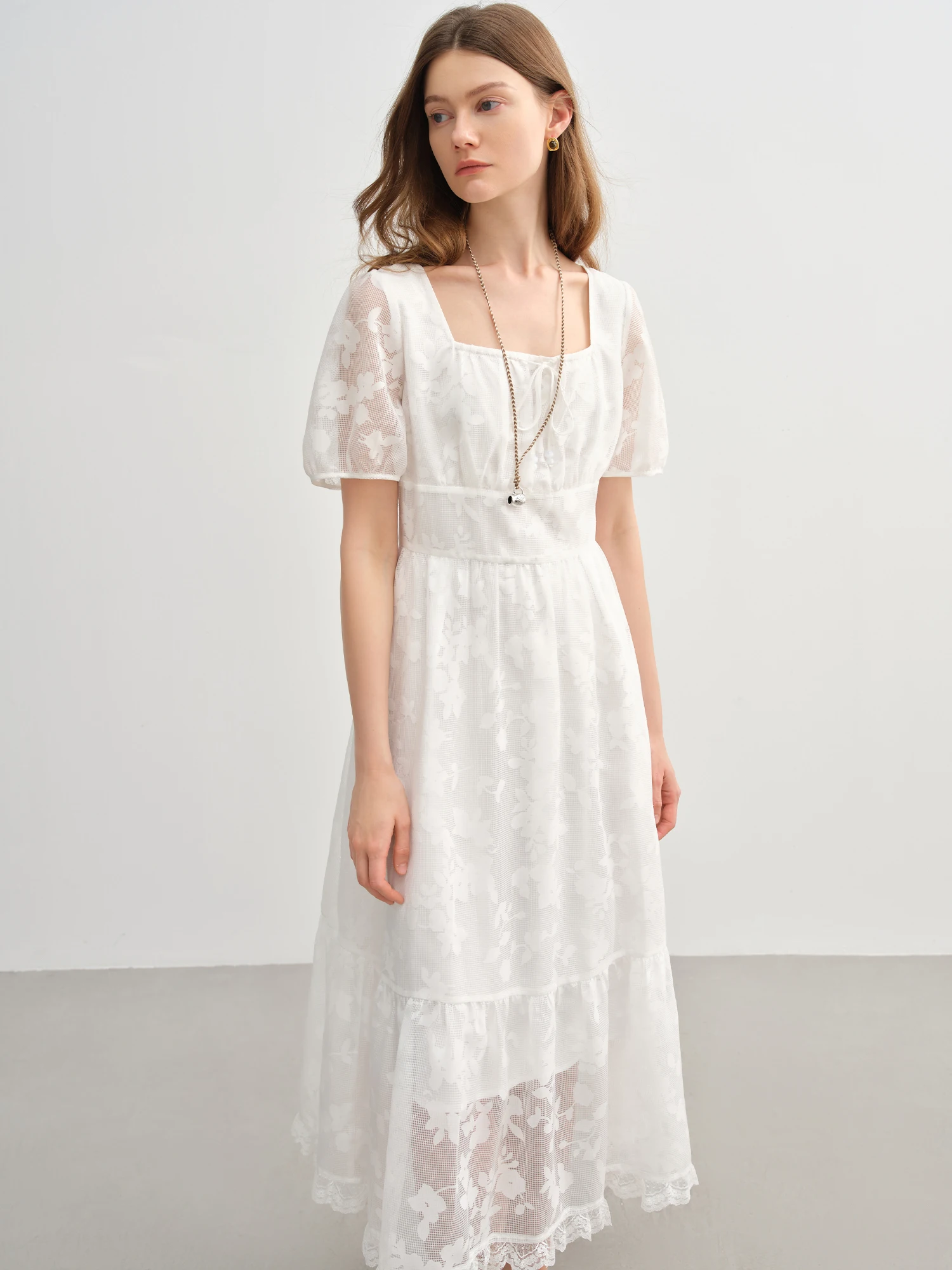 DUSHU vestido Burnout con escote cuadrado y lazo francés de talla grande para mujer - 2025 novedad de verano llegada elegante vestido blanco dulce 25DS82286