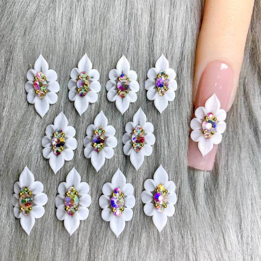 5/10/12Pcs/set 3D Handmade White Acrylic Flower Nail Charms 10x15cm Carving Flower Nail Art With Glitter Diamond Acrylic Floret