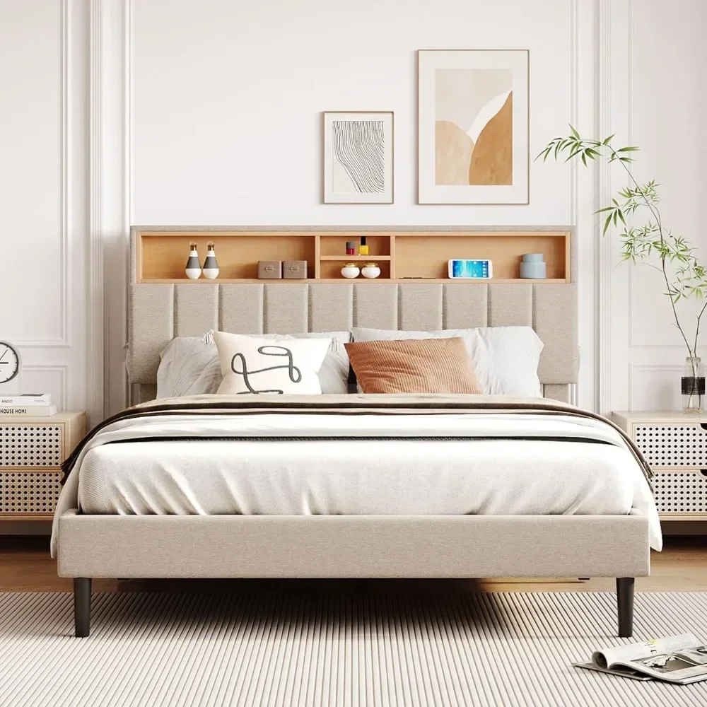 

Bedroom furniture with bed structure: headboard with storage and USB ports, bed with modern upholstered platform and full grey