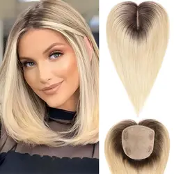 14 Inches Straight Remy Human Hair Toppers Dark Root Blonde Hair Clips in Hairpieces Extensions for White Women Heat Resistant