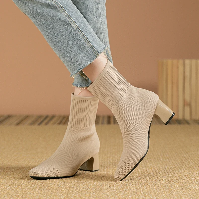Spring Autumn Knitted Socks Boots Women High Heels Plus Size 43 Fashion Stretch Fabric Pointed Toe Female Slip on Mid-Calf Boots
