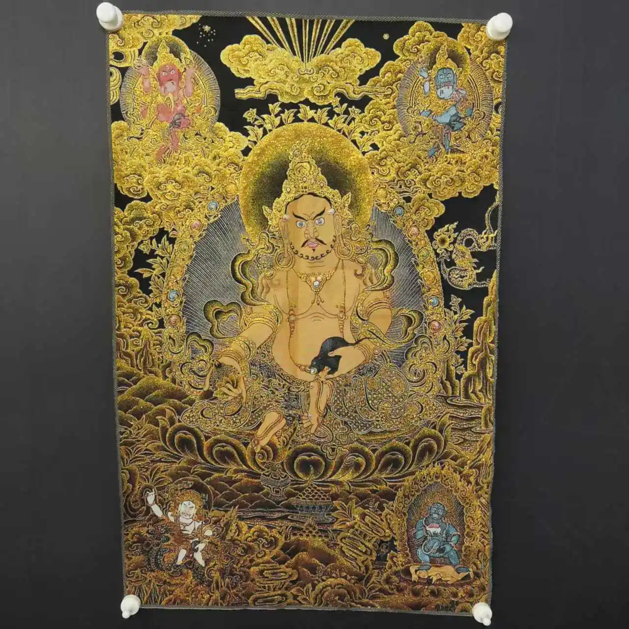 

35"Thangka Embroidery Tibetan Buddhism silk Embroidery Yellow Jambhala Sitting Buddha Thangka hanging screen Worship Hall