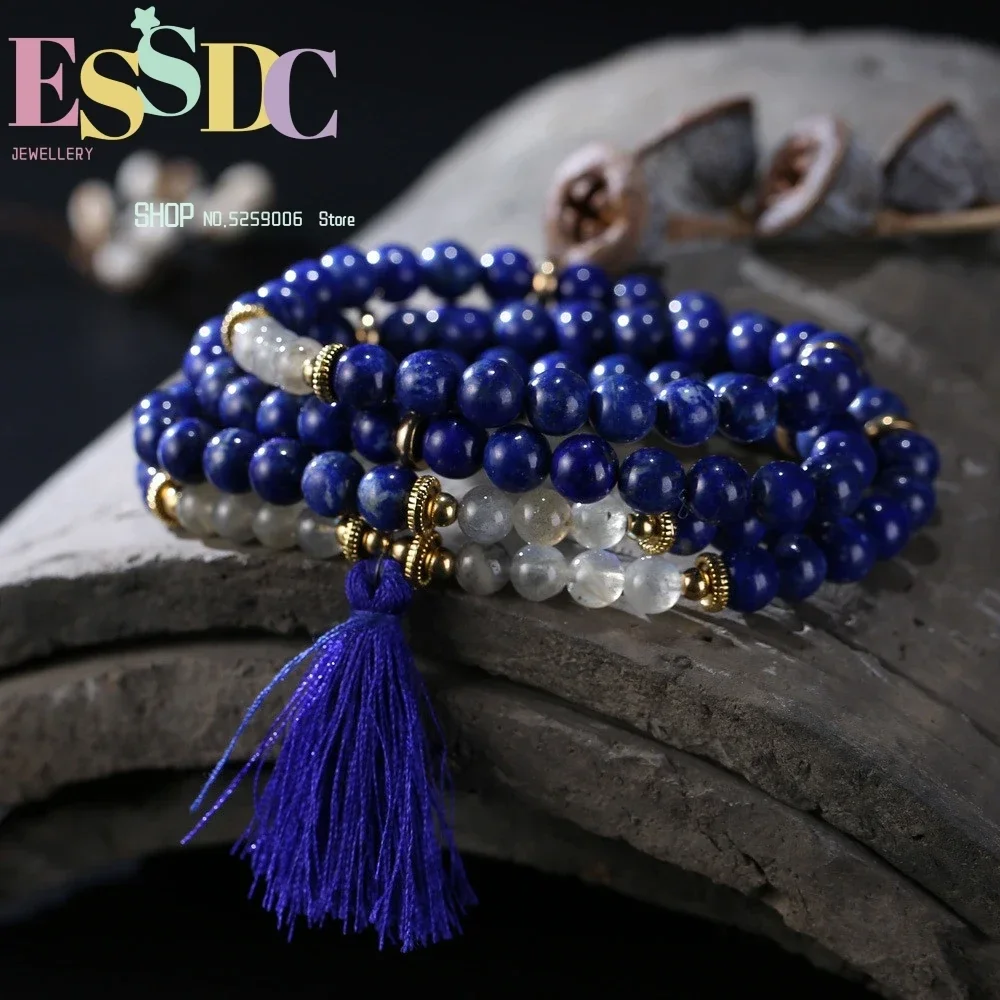 Handmade Natural 8mm Lapis Lazuli 108 Moonstone Beads Bracelet Energy Stone Healing Mala Yoga 108 Necklace DIY Unisex Jewelry