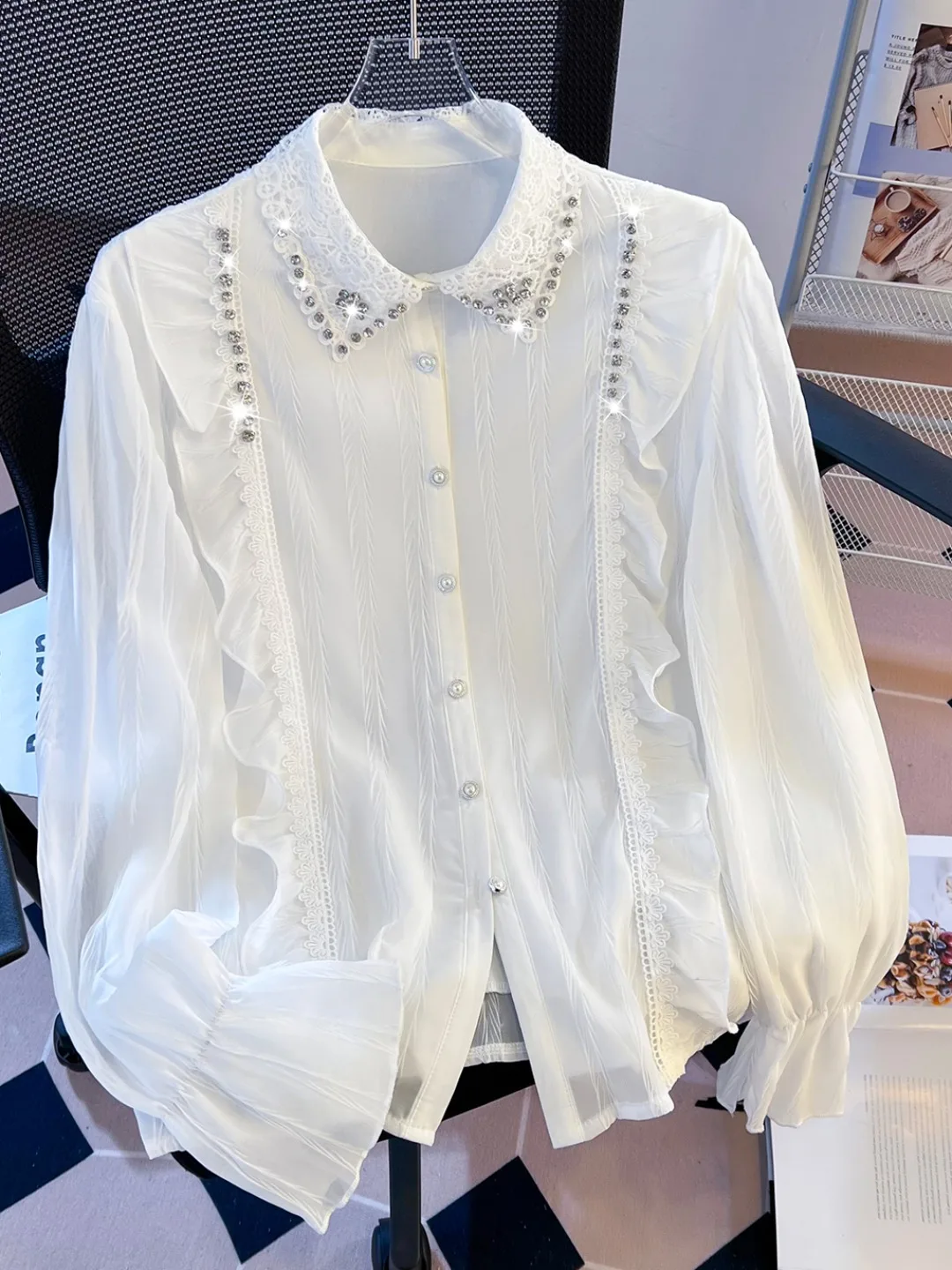 

Белый длинный воротник све irt для женщин, дизайн Sensation, весенний новый Sle Pearl Embellied, свободная кружевная вставка