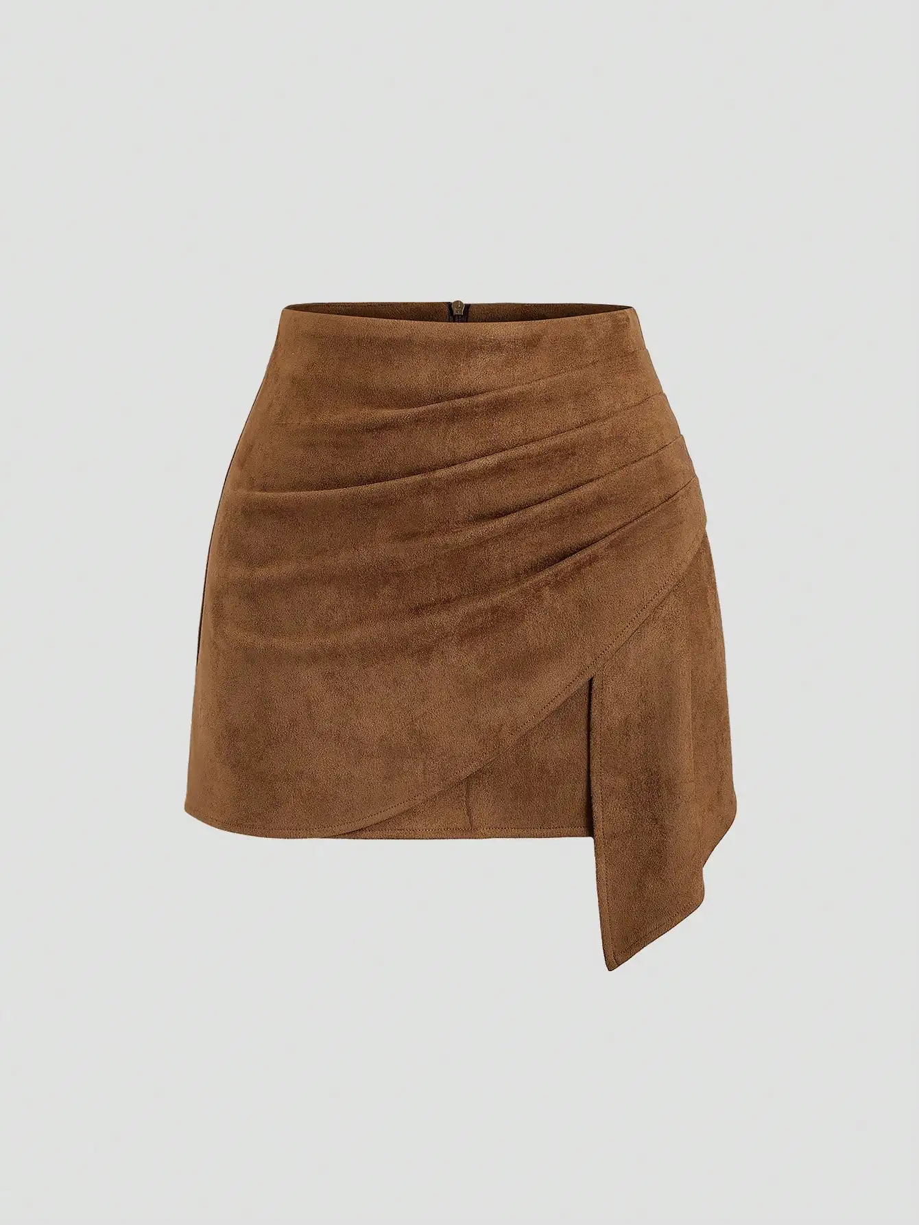 

Women's Suede Asymmetrical Wrap Mini Skirt with Pleated Detail