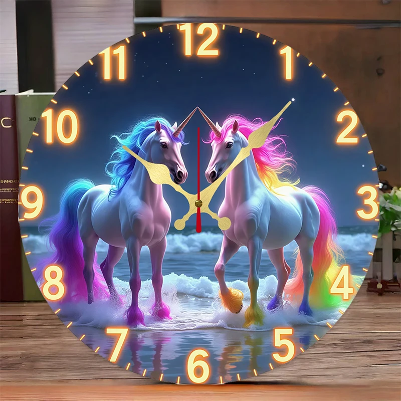 Rainbow Unicorn Wooden Round Silent Hanging Wall Clock, Suitable For Living Room, Office, Study Room, Bedroom, Home Decoration