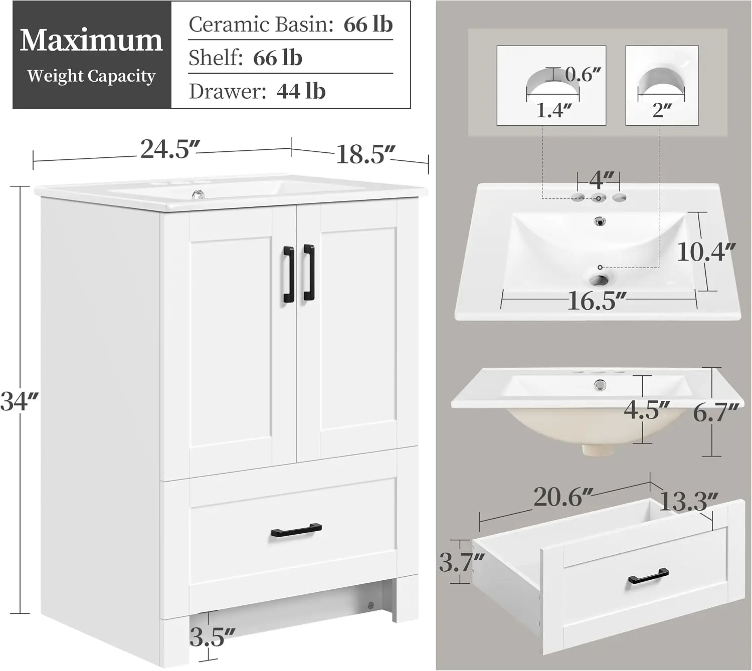 Modern Bathroom Vanity with Ceramic Basin, Undermount Vanity Sink Cabinet with 2 Doors and 1 Drawer, Free Standing Customized