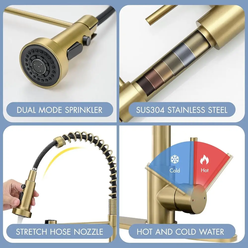Torneira de cozinha com spray removível em ouro escovado com alça única e placa de deck