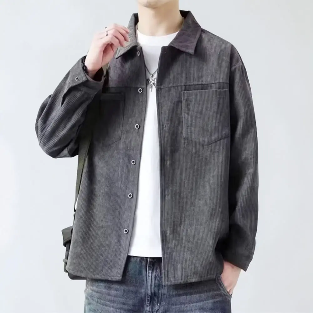 Mens Autumn Shirt Jacket Retro Japanese Style Bamboo Texture Fleece Warm Loose Cargo Casual Long Sleeve Top