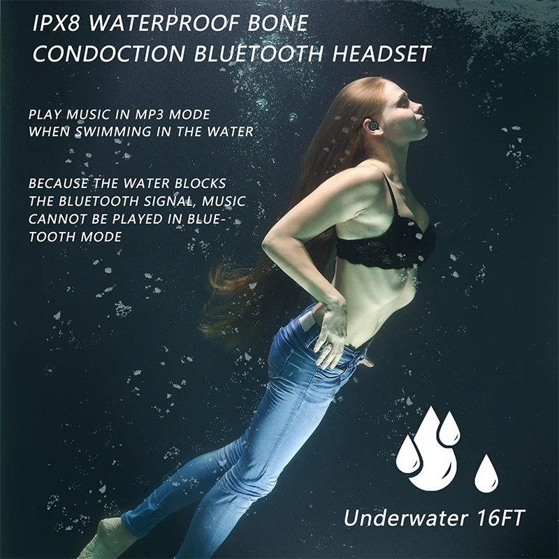 True Bone Conduction Earphone IPX8 Waterproof Swimming Headphones Bluetooth Wireless Sports Headset TWS with Mic