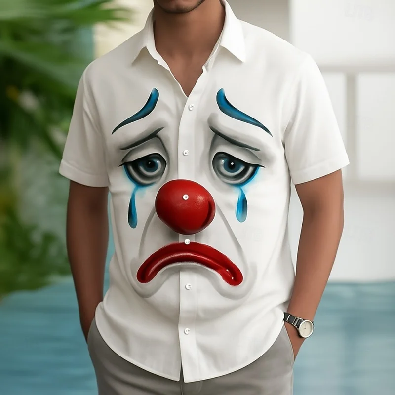 

Гавайская рубашка с акробатическим узором клоуна для мужчин, забавное выражение, летние рубашки с короткими рукавами и 3D принтом Aloha, свободные блузки, топы