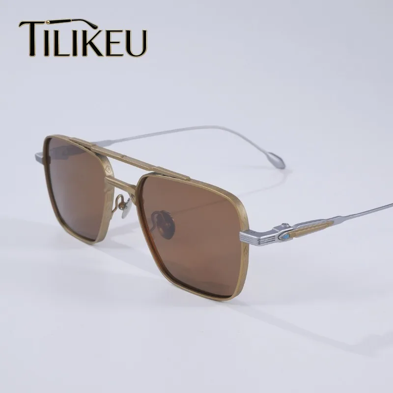 

2026 Pure Titanium Double Bridge Men's Sunglasses New Fishing Polarized Sunglasses Luxury Retro Square Large Frame Shades UV400