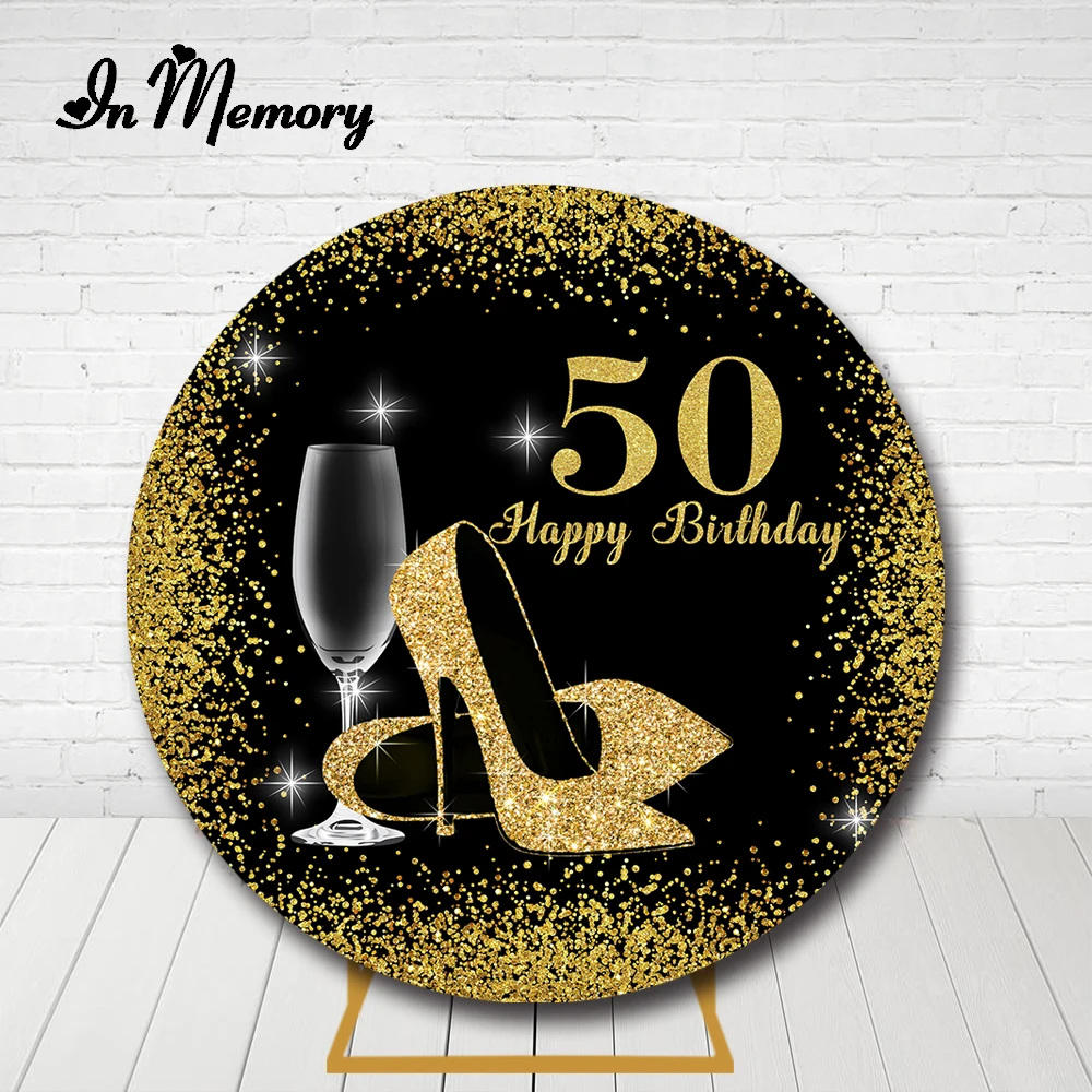 

Black And Gold Glitter Dots Bokeh Round Backdrop Cover Adult Man Woman Happy Birthday Wedding Party Circle Background Elastic