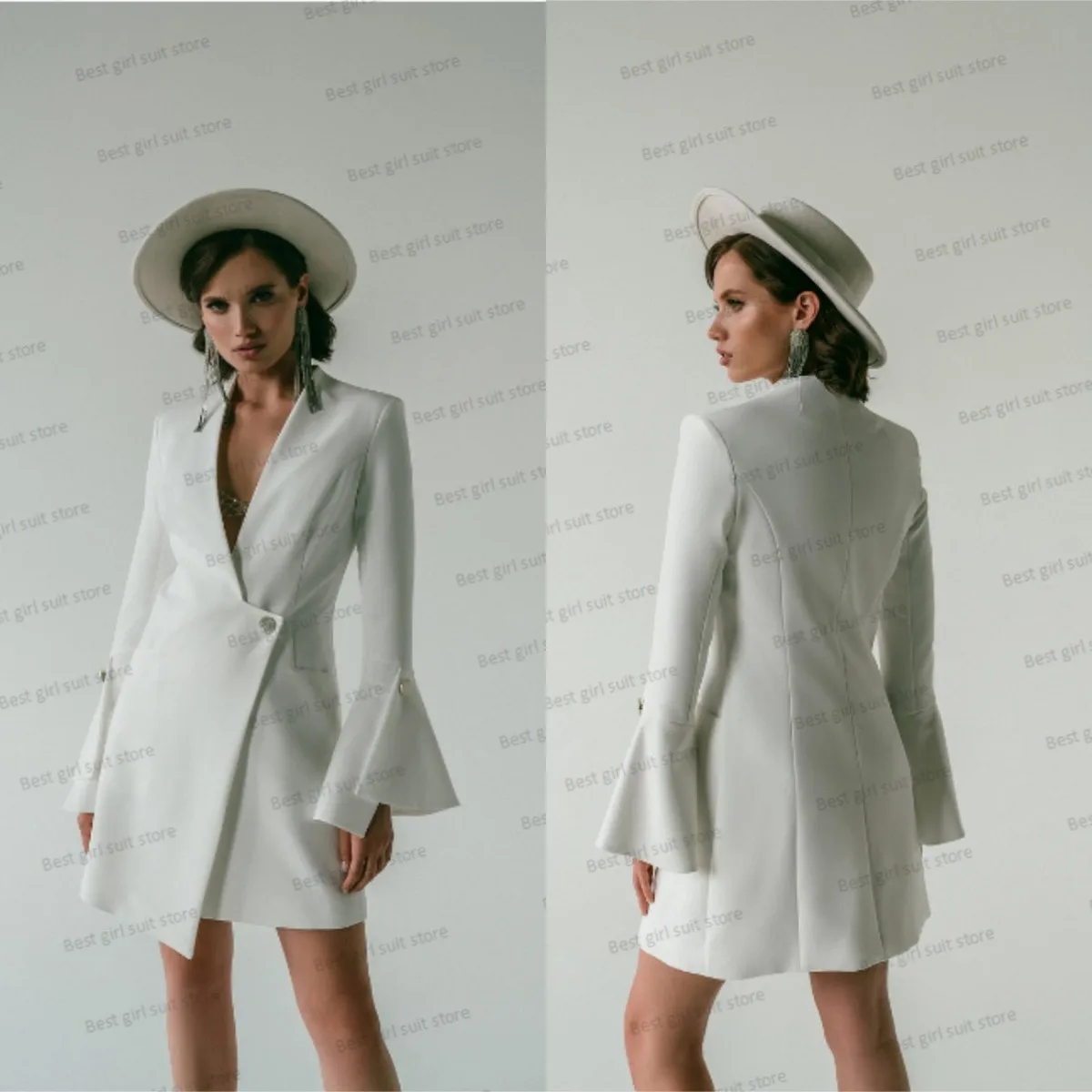 Witte Damespak Lange Blazer 1-delige Flare Mouwen Sexy Korte Mini Party Prom Dress V-Hals Jas Jas Volle Mouwen Op Maat Gemaakt