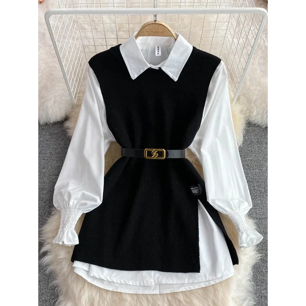 New Autumn Fashion Korean Office Lady Lapel Lantern Sleeves White Shirt +V-neck Knitted Vest Casual Two-piece Set Clothes Women