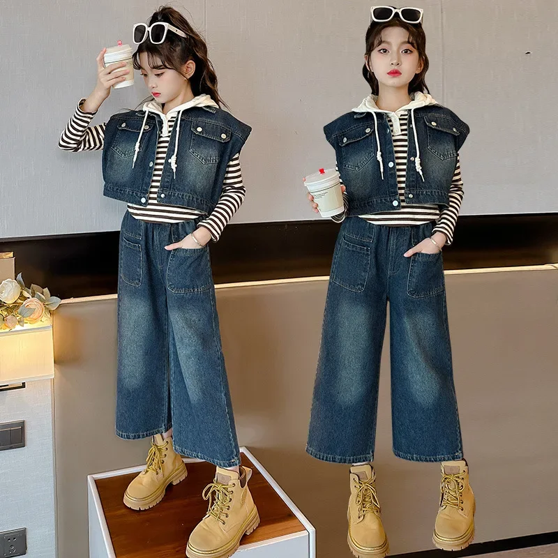 Korean Spring Autumn 3pcs Suit Teenager Girl Striped Hooded Sweatshirt+denim Vest+Wide-leg Pants Jeans Set For Girls 4-12Yrs