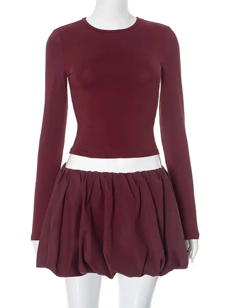 BabYoung Sexy Backless Ronde Hals Vrouwen Pak Lange Mouw T-shirt Mini Rok Vrouwelijke Winter Slanke Elegante Tweedelige Sets