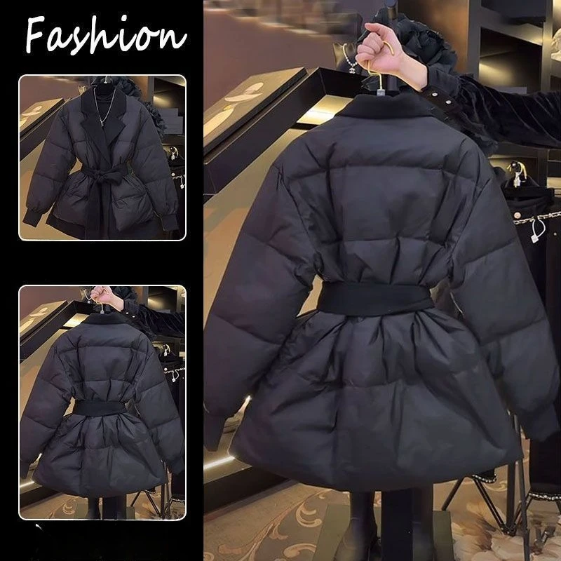 La Popular chaqueta acolchada europea, sensación de alta gama, cintura súper atractiva, pequeña fragancia y ropa de algodón negro para mujer, invierno.