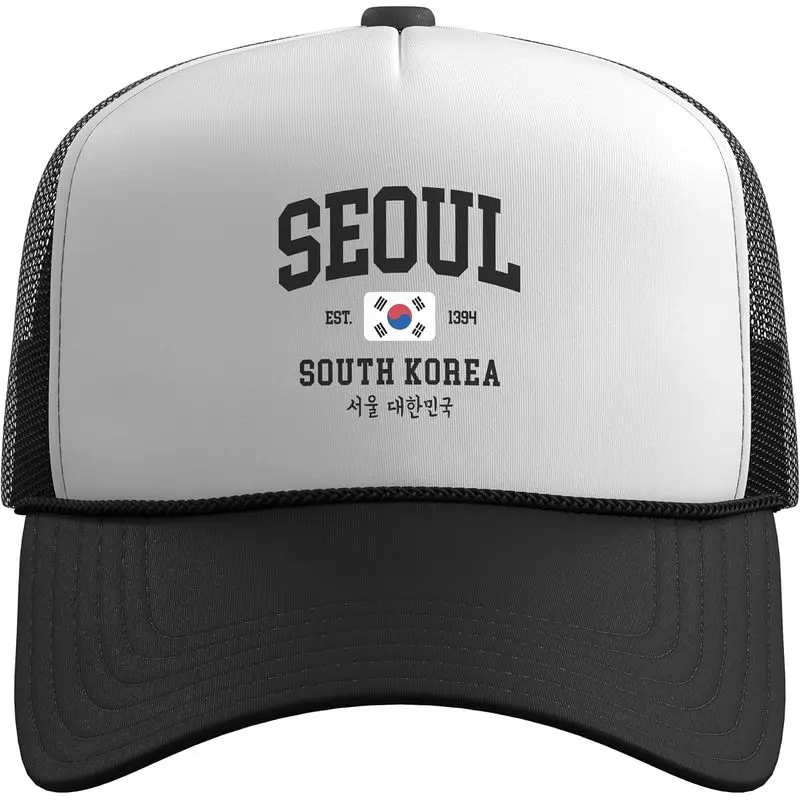 Seoul South Korea Flag Varsity Style K Pop Korean Trucker Hat With Adjustable Mesh Back