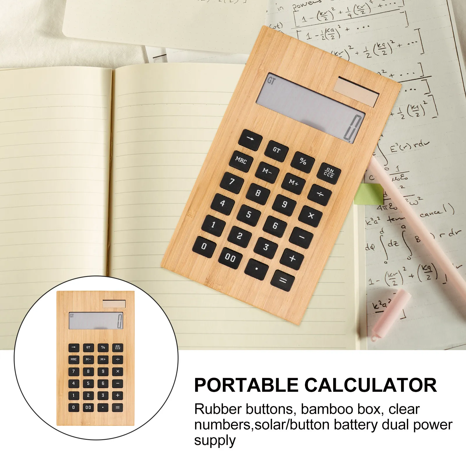 Bamboo Solar Calculator Eco Friendly Wooden Body Lightweight Portable Clear Keypad for School Office