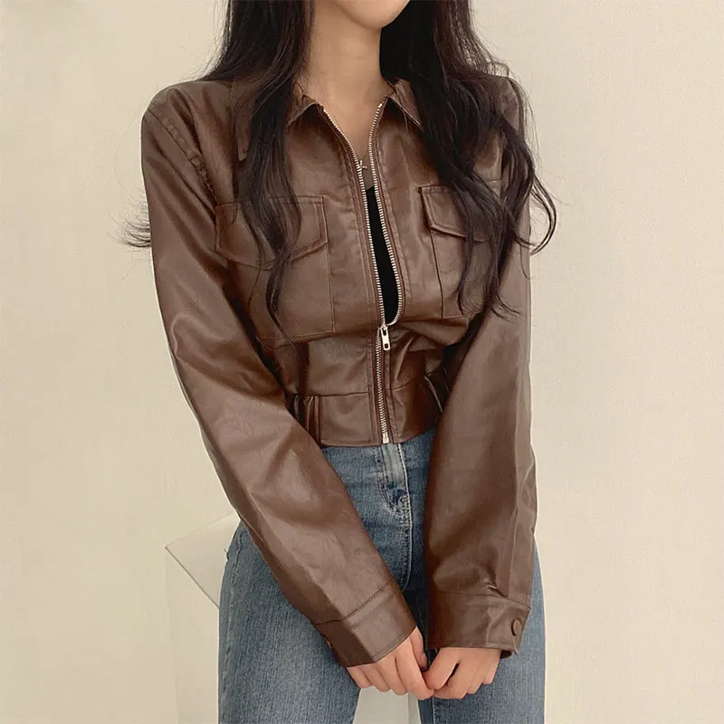 

Retro Short Leather Jacket Women's Autumn Winter New Style Waist-Cinching Slimming Small Size Open Cardigan Sweater Top