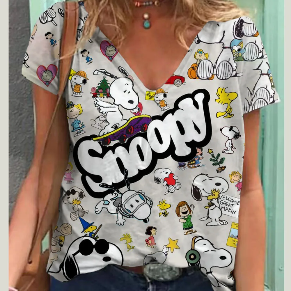 Fashionable Women's T-Shirts Cute Snoopy print Girl Summer Harajuku Loose Casual Clothing Kawaii V-Neck Short Sleeve T-Shirts