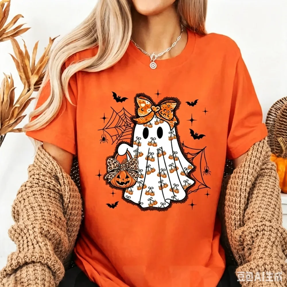 Cute Ghost Halloween Shirt Pumpkin Bow Spooky Season Tee Fall Aesthetic Pumpkin T-Shirt Women Aesthetic Clothes Short-sleeve Tee