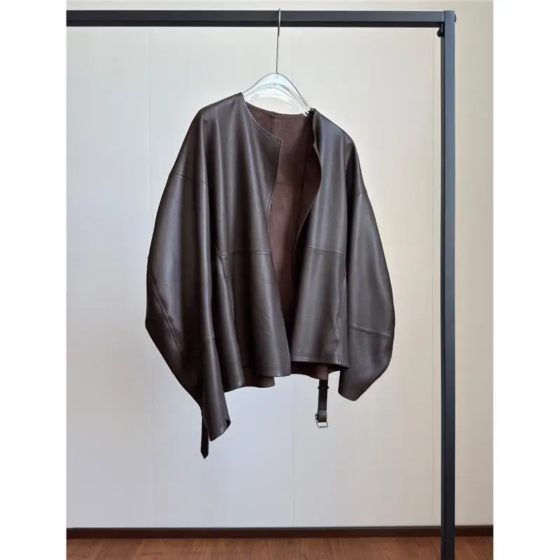 

Casual Loose Real Leather Sheepskin Coat Women's Fashion Bent Knife Sleeve Design Sense Belted Open Cardigan