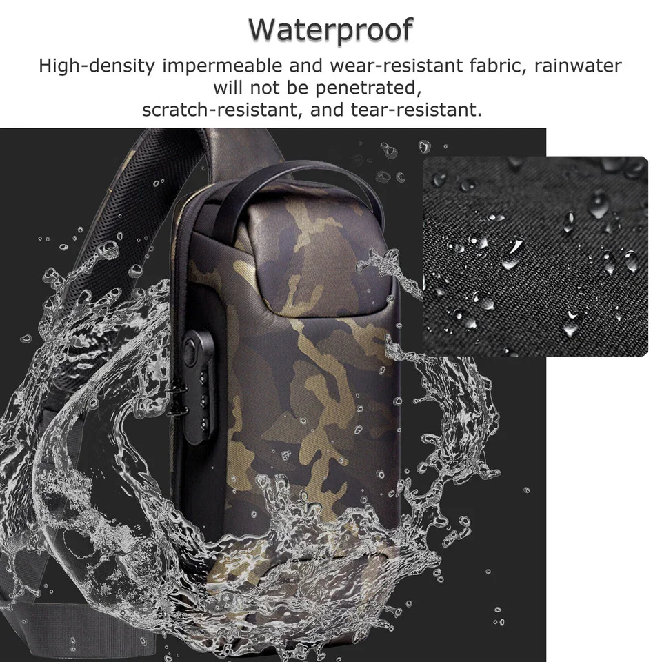 Single shoulder crossbody bag, waterproof and anti-theft password lock, USB port, suitable for both men and women, sporty design