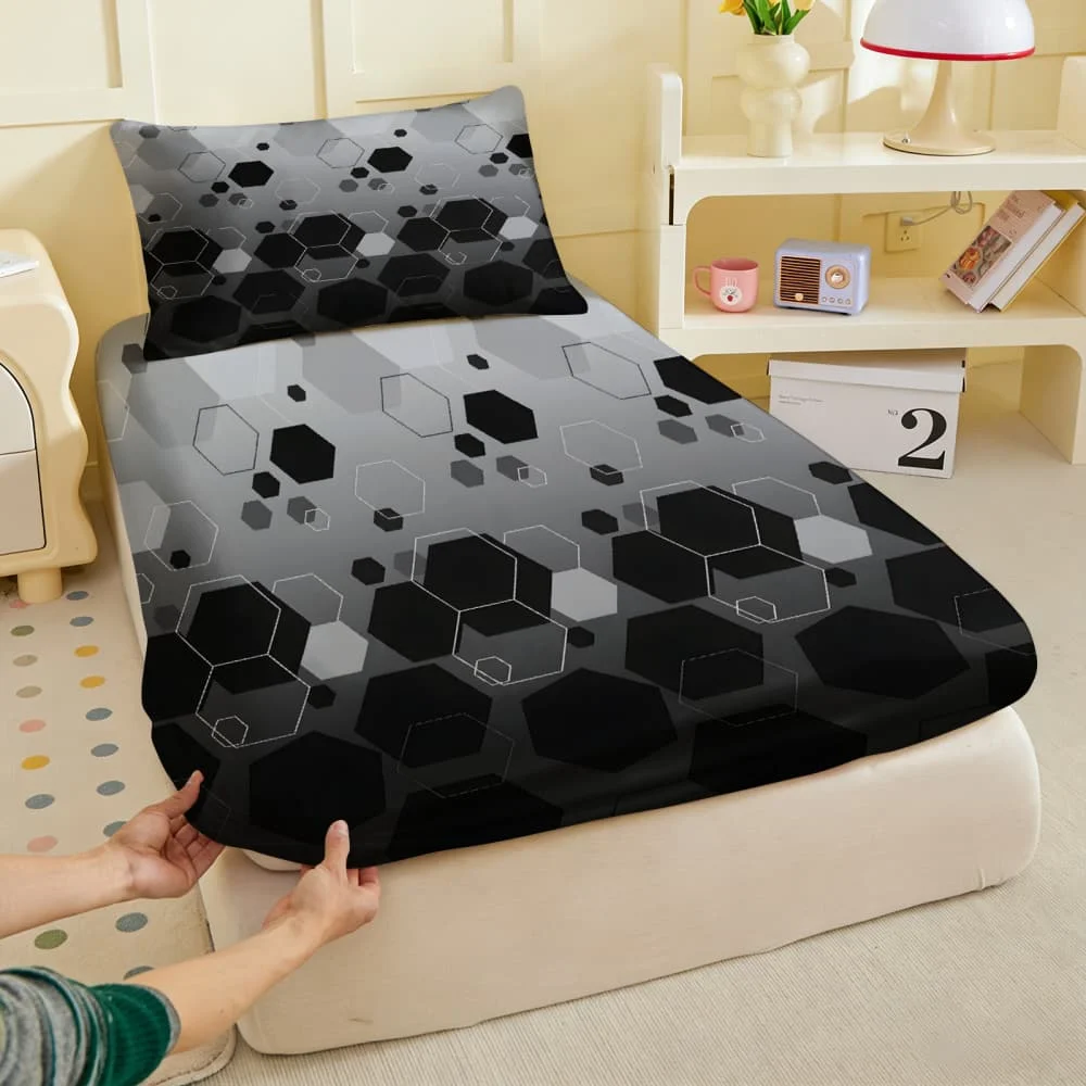 1pc Black & Gray Hexagon Geometric Print Fitted Sheet Deep Pocket Elastic Mattress Cover Single Double Queen King Bedroom Decor