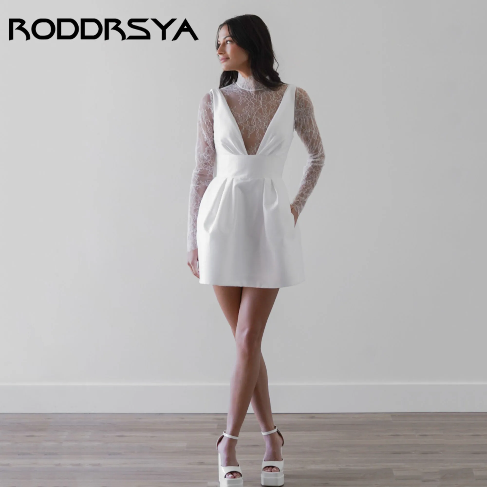 

RODDRSYA Mini Civil Dress For Bride High Neck A-Line Lace Satin Wedding Gowns Long Sleeve Illusion vestidos de novia Customized