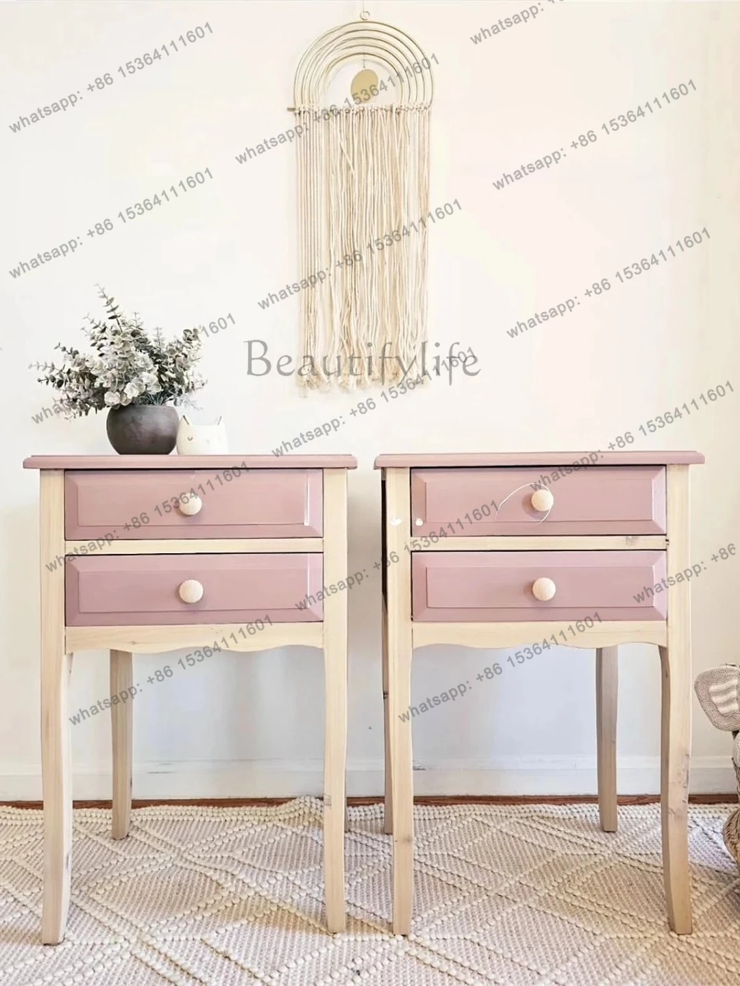 

French simple solid wood pink bedside table art country bedroom bed and breakfast locker furniture can be customized