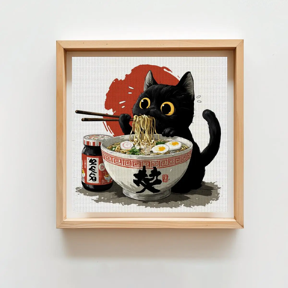 1pc 40X40CM/15.74inch Eating Noodles Cat Stamped Cross Stitch Kit DIY Kit 11/14CT DIY Embroidered Set DIY Cross-Stitch Set