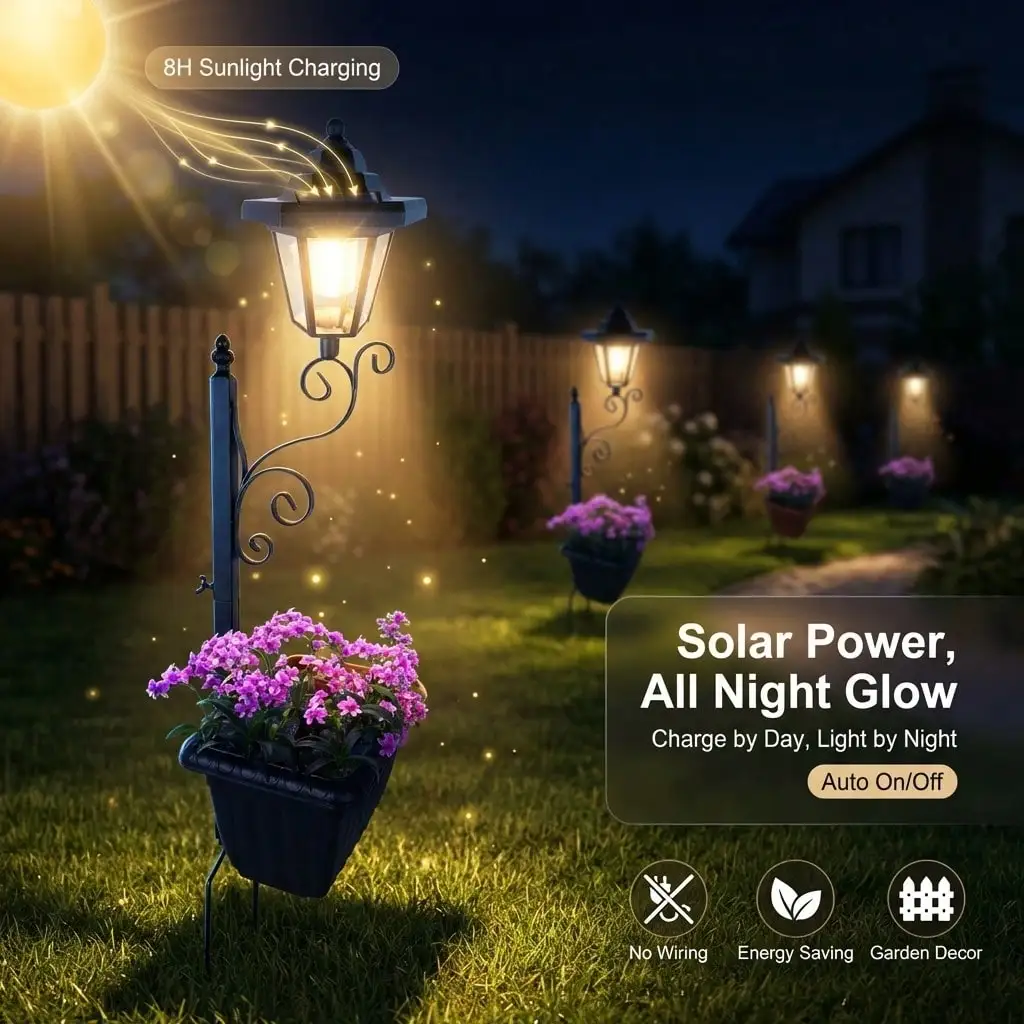 

TazTir Solar Garden Stake Light W/ Flower Pot Holder - 8H Charge All Night Auto Glow - Waterproof Auto On/Off Pathway Decor