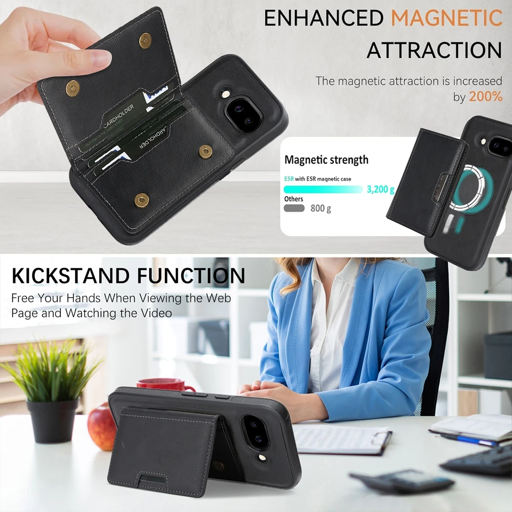 حافظة جلدية مغناطيسية 2 في 1 لهاتف جوجل بيكسل 9 10 برو 9A 9pro 10Pro XL فتحات بطاقات حامل بطاقات شحن لاسلكي غطاء هاتف #4