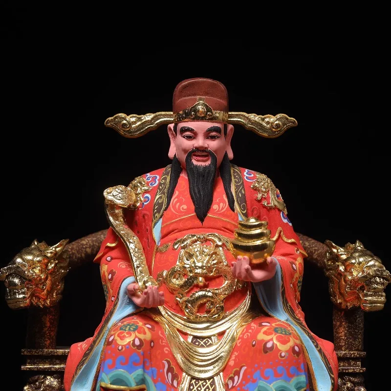 Hand Carved Wooden Painted Gilded Wealth God Statue w/ Ruyi Ingot - Cai Shen Prosperity Fortune Ornament Home Office Desk Decor