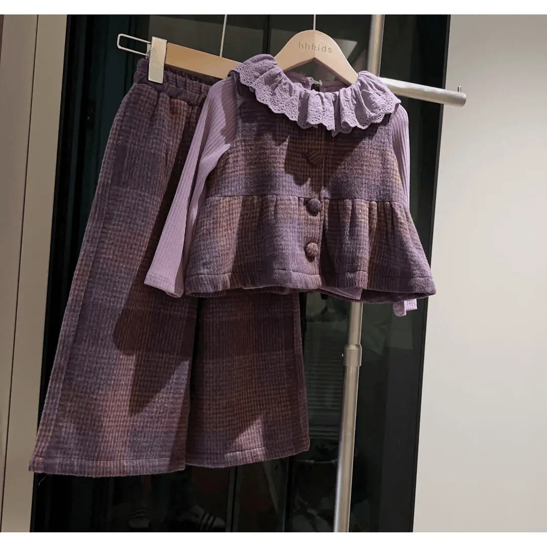 

Children Fashion Elegance Tops Clothing Autumn Spring Baby Girls Clothes Set Purple stripe Vest Coat+Lapel Shirt+Pants 3Pcs Suit