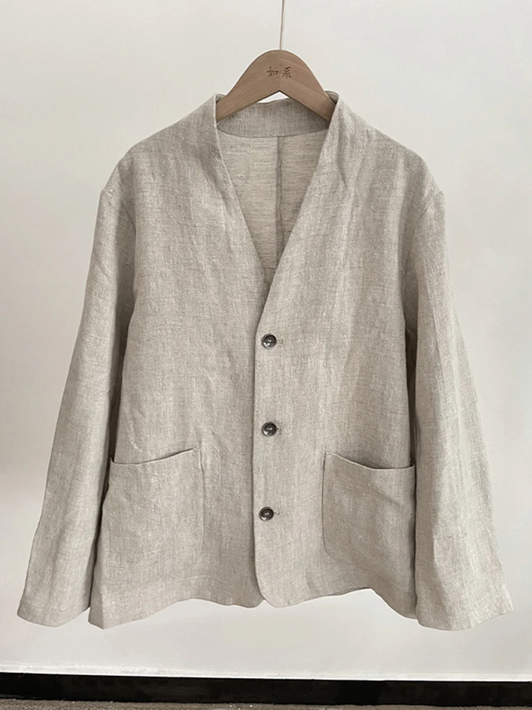 

100% Linen Women Casual Coats New Arrival 2025 Autumn Vintage Style V-neck Plain Color Loose Female Basics Jackets M2003