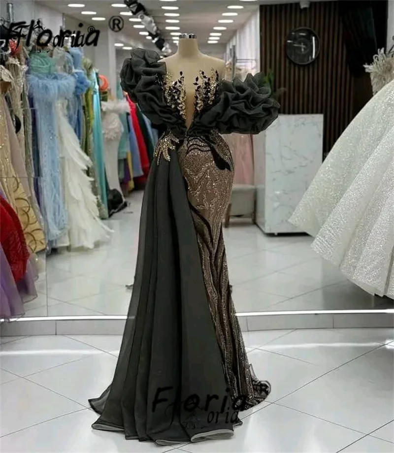 Luxuriöse Perlen-Meerjungfrau-Abendkleider 2026, 3D-Applikationen, Rüschen, afrikanisches formelles Kleid, Promi-Partykleid, individuelle Robe Soiree