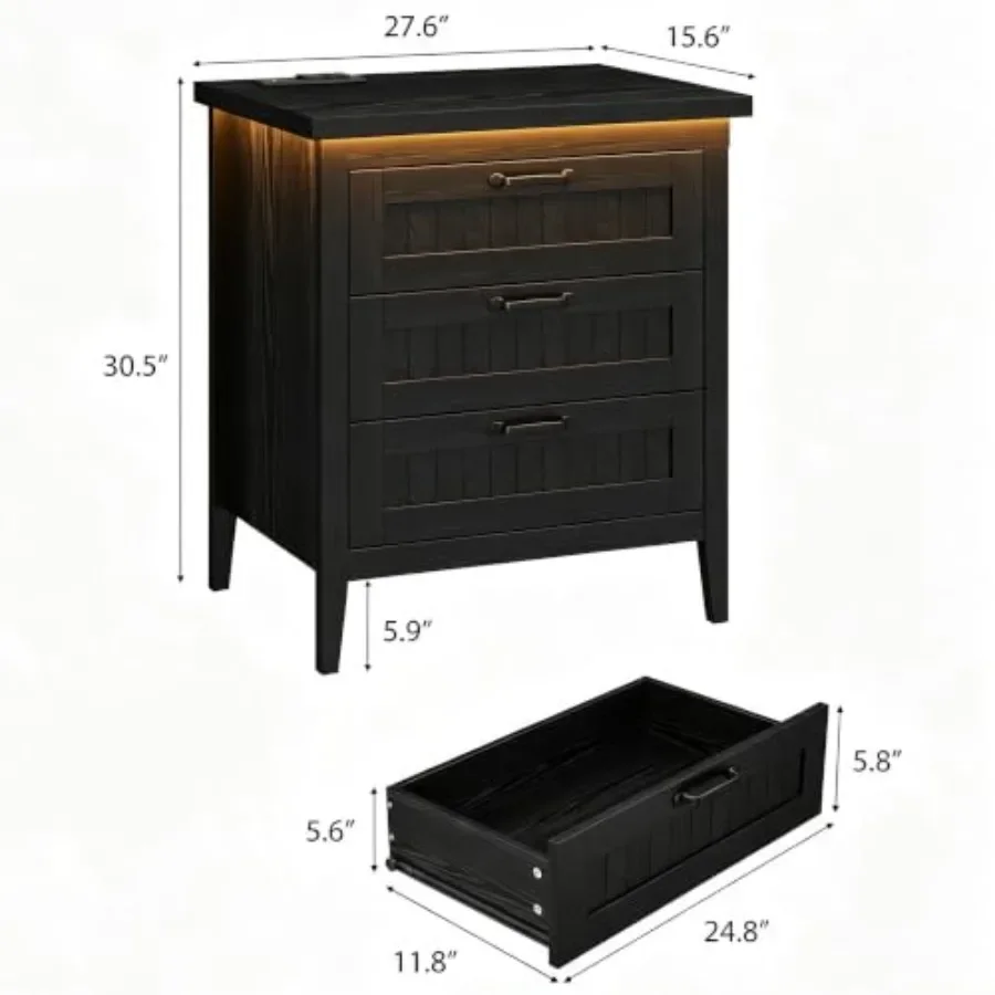 30.5 in 3 Drawer Dresser with Charging Station LED Lights for bedroom, engineered wood, white, modern design with USB ports and