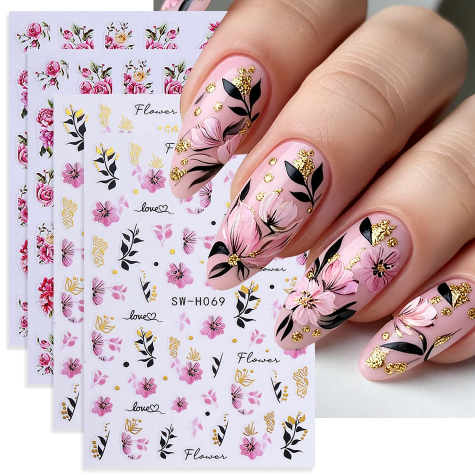 4PCS Rosa Blume Nagel Aufkleber Gold Blumen Pfingstrose Blätter Design Klebstoff Nagel Aufkleber Frühling Elegante Blütenblätter Maniküre Dekor Slider