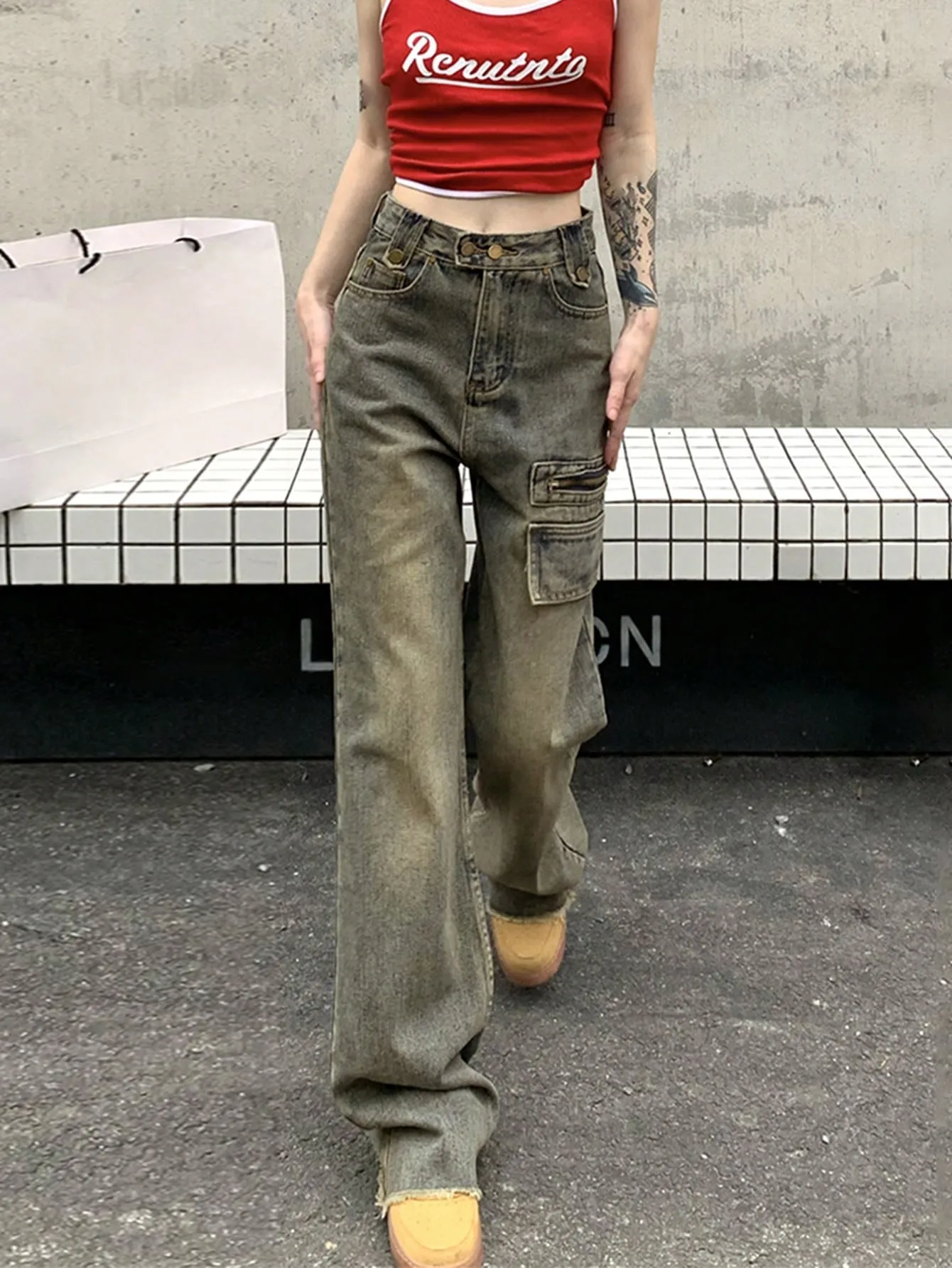 Korean Chic Early Autumn American Side Fake Flap Pocket Pants Design Fashionable Denim Wide-Leg Pants Loose Slimming Look Floor-Length Pants for Women